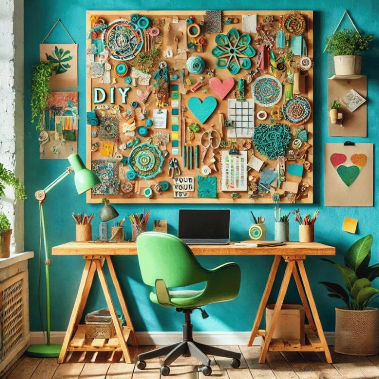 Home office com quadro de avisos DIY